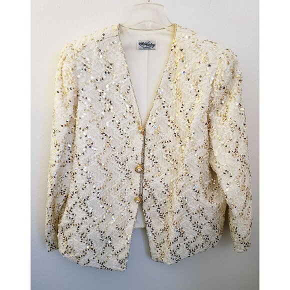 Vintage Katherine Lindsay Off White Sequin Fully Lined Statement Jacket Sz 20* E
